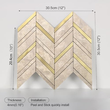 Yipscazo 10-Sheet Herringbone Peel and Stick Backsplash, Beige Stone Mixed Metal Gold PVC Stick on Tiles for Kitchen, Waterproof Self Adhesive Wall Tiles for Bathroom - color: Beige Stone