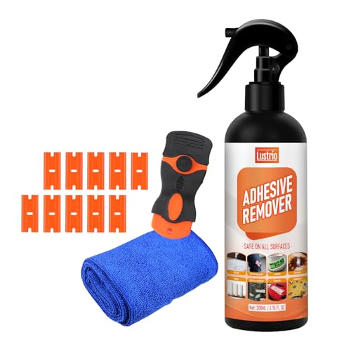 Adhesive Remover Spray for Car Paint, Glass, Plastic & Metal – Removes Stickers, Decals, Tape Residue Without Scraping or Scratching – Includes Scraper & Microfiber Cloth (6.8oz)