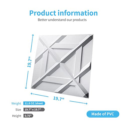 Art3d Decorativ PVC Glue-Up 3D Wall Panel, 19.7 x 19.7 in, 12-Pack, White - color: Matt White