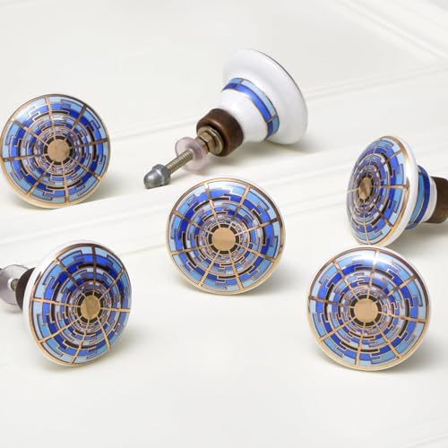 Indian Shelf 18 Pack Handmade Drawer Knobs for Dresser Cabinet Pulls - color: Blue and Golden, size: 18 Knobs