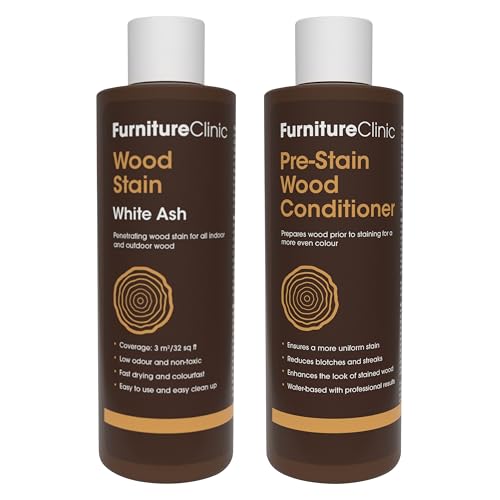 Furniture Clinic 8.5oz White Ash Wood Stain + 250ml Pre-Stain Wood Conditioner | Water Based | Fast Drying, Low Odor, & Non-Toxic | for Indoor & Outdoor Furniture and More