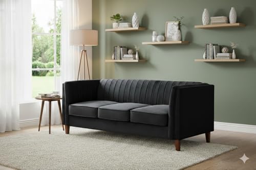 Container Furniture Direct Cavira Luxury Velvet Couch for Living Room with High Density Foam, Soft Fabric Upholstery, Removable Cushions and Solid Wood Legs, 83'' Wide 3 Seater Sofa, Black - color: Black, size: Sofa