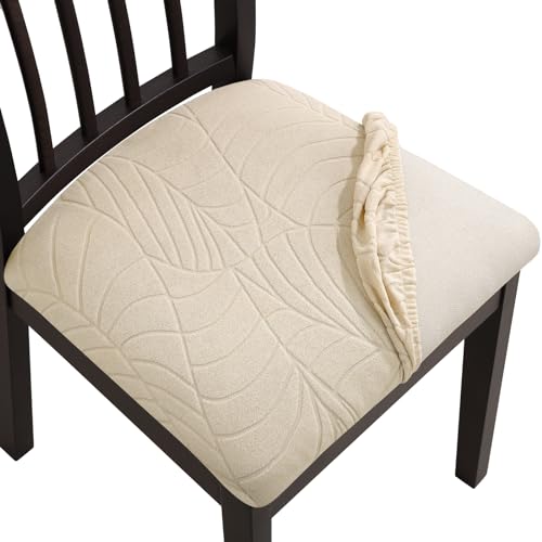 Fuloon Waterproof Chair Seat Covers 4 PCS, Stretch Cushion Covers Washable Dining Room Seat Slipcover Removable Kitchen Chair Protector (4, Cream) - color: T-cream