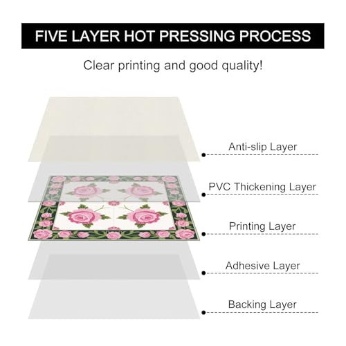 HOMETITUTE Pink Rose Green Border Peel Stick Floor Tile 12x12 Vinyl - color: Pink#1