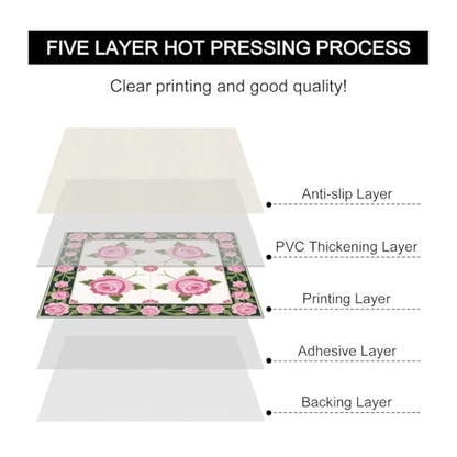 HOMETITUTE Pink Rose Green Border Peel Stick Floor Tile 12x12 Vinyl - color: Pink#1
