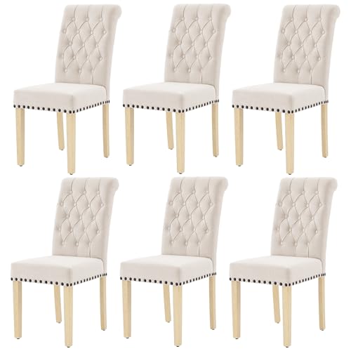 LOULENS Fabric Dining Chairs Set of 6, Upholstered Kitchen Chairs, Beige - color: Beige, size: Set of 6