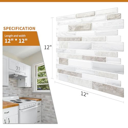 WOWSTAR 10 Sheet Marble Peel and Stick Backsplash for Kitchen,Self-Adhesive Tile Backsplash for Kitchen, Bathroom, 12" x 12", (Beige & White) - color: Beige