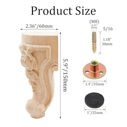 4Pcs 6in Unfinished Solid Wood Furniture Legs Carved European Style - color: D