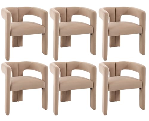 EALSON Modern Barrel Dining Chairs Set of 6 Velvet Upholstered Fabric Kitchen Chairs with Open Back and Arms Comfortable Accent Chairs Side Chairs for Dining Room/Living Room, Khaki - color: Khaki, size: 6 PCS