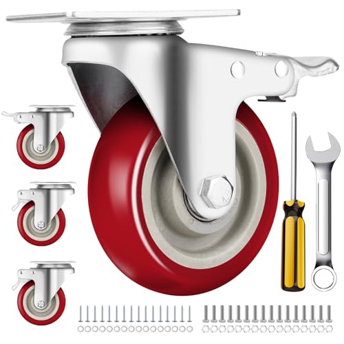 4" Heavy Duty Caster Wheel with Brake, Swivel Casters Set of 4 - color: Red, size: 4 IN