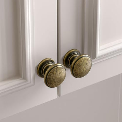 Goldenwarm Cabinet Knobs, Antique Brass Dresser Knobs 1-1/5 Inch 25 Pack Round Kitchen Hardware, Solid Zinc Alloy, Single Hole, Screws Included, Drawer Knob for Cupboard Dresser Bathroom Vanity - color: Antique Brass