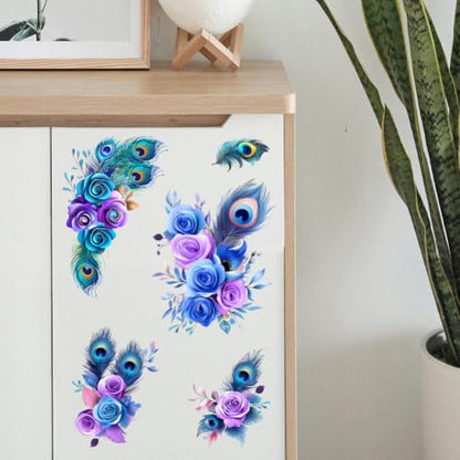 Peacoblue Peacock Flowers Rub On Transfers for Furniture 6"x12" - style: Colorful Peacock Feathers and Flowers
