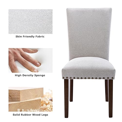 COLAMY Upholstered Parsons Dining Chairs Set of 2, Fabric Dining Room Kitchen Side Chair with Nailhead Trim and Wood Legs - Light Grey - color: F-lightgrey, size: Set of 2