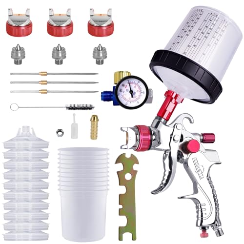 HVLP Paint Gun with 10 Disposable 600ML Paint Cups & 3 Nozzles - color: Red