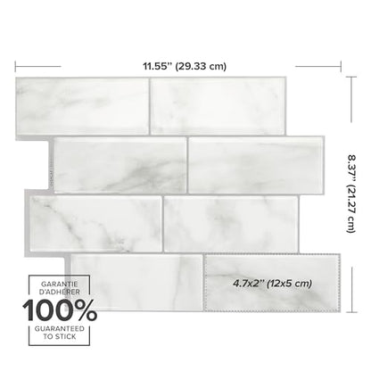 Smart Tiles Peel and Stick backsplash, Subway Carrara Marble, 11.55"x8.38" - color: Carrara Marble