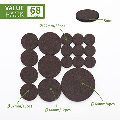 Felt Furniture Pads for Hardwood Floors 68 PCS, Round, Brown - size: 68PCS Value Pack Round Dark Brown