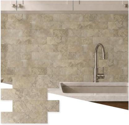 Peel and Stick Subway Tile Backsplash, 10 Sheets 11.8''x11.8'' Beige Stone-Look 3D Wall Tiles, Thick & Strong Adhesive, Heat Resistant & Waterproof Stick On Tiles for Kitchen, Bathroom - color: Beige Stone Rock