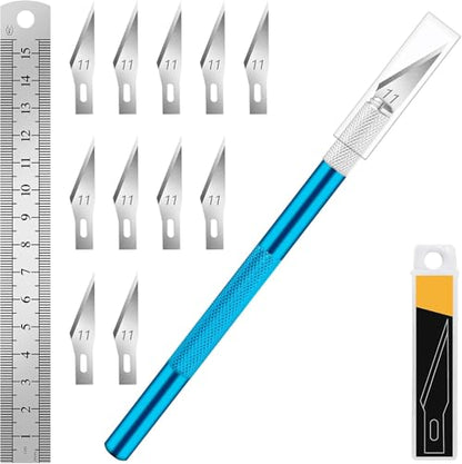 DIYSELF Precision Craft Knife with 10 Extra #11 Blades, 6-Inch Metal Ruler - color: Blue-10pcs