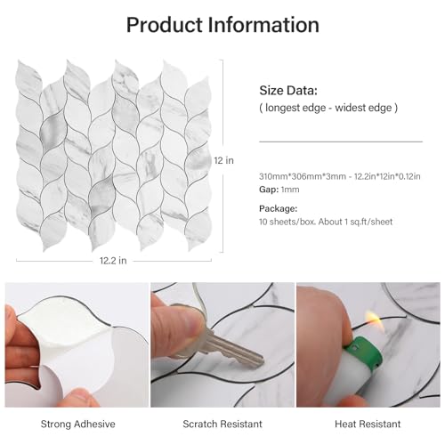 Tilingview 10-Sheet Peel and Stick Backsplash Tile for Kitchen, Self-Adhesive Mosaic Leaf Shape PVC Mixed Metal Wall Tile with Gaps (Leaf Gaps Marble) - color: Leaf Gaps Marble