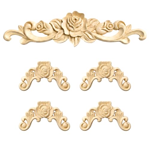 5 Pcs Wood Appliques, Wood Appliques for Furniture Decorative Woods Applique Woods Applique and Onlays DIY Carved Onlay for Bed Door Cabinet Wardrobe Furniture Decoration(Small Size)