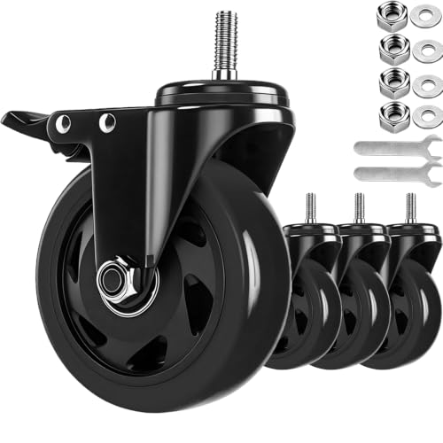 3 Inch Caster Wheels Heavy Duty 3/8"-16x1 Threaded Stem Casters Set of 4 - color: Black, size: 3in(3/8"-16)