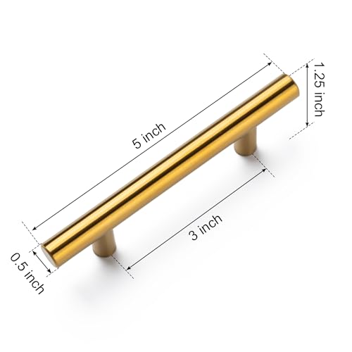 10 Pack Cabinet Handles, 5 Inch Length, 3 Inch Hole Center, Brushed Brass - color: Gold