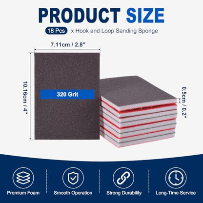 18Pcs 320Grit Sanding Sponges, 4x2.8In Hook & Loop Black - size: 320 Grit