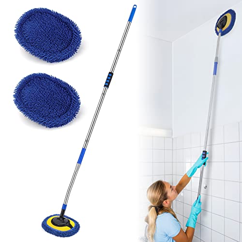 Wall Cleaner, Max 66'' Wall Mop with Long Handle, Ceiling Dust Mop with 15° Labor-Saving Elbow Extension Pole, Baseboard Duster Washer Scrubber, High Reach Window Cleaning Brush, Roof Cleaning Tool-BU - color: Blue