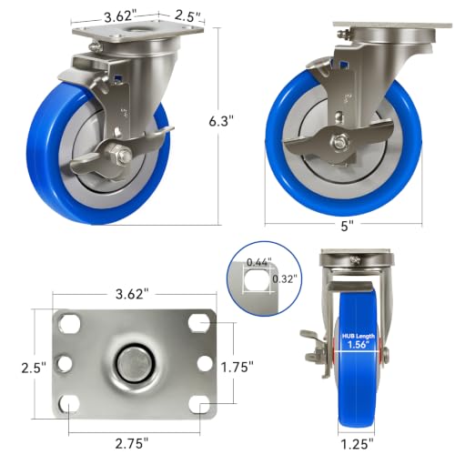 5" Stainless Steel Casters, Swivel Industrial Casters Set of 4 Heavy Duty, Anti-Corrosion Rust-Proof Plate Polyurethane Caster Wheels for Cart (4 Brake) - style: 4 Brake