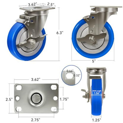 5" Stainless Steel Casters, Swivel Industrial Casters Set of 4 Heavy Duty, Anti-Corrosion Rust-Proof Plate Polyurethane Caster Wheels for Cart (4 Brake) - style: 4 Brake