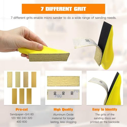 New Micro Detail Sander Kit, 80/120/ 180/240/ 320/400/ 600 Grit Sand Paper Assortment Wet Dry Hook & Loop Sandpaper for Painting Prep, Arts, Zips, Glass and Crafts