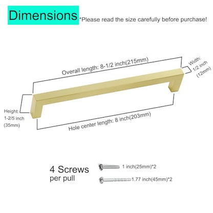 30 Pack 8 Inch Brass Cabinet Handles Brushed Gold Cabinet Pulls Square Drawer Pulls Cupboard Handles Modern Stainless Steel Kitchen Cabinet Hardware - color: Brushed Gold, size: 8 inch hole center (203mm)