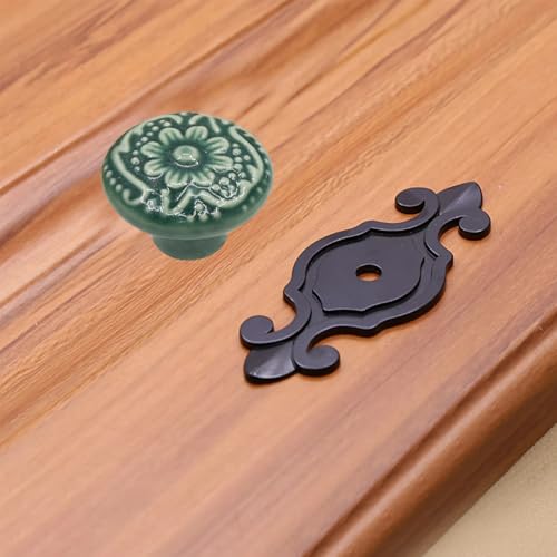 HUAMULAN 10 Pack Ceramic Knobs Cabinet Pulls Handle with Black Backplate - color: Green Knob + Black Base