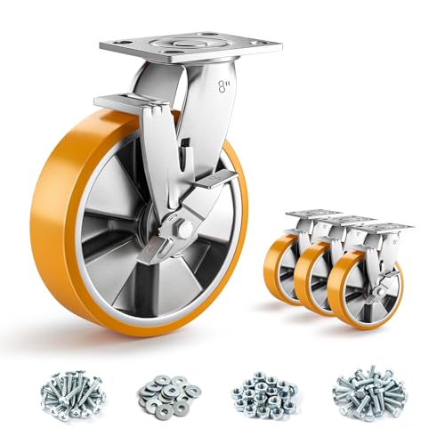 8 Inch Heavy Duty Casters Set of 4, Industrial Locking Casters 7000lbs Load Capacity, Plate Swivel Castor Wheels for Heavy Duty Carts, Workbench, Equipment, Platform Truck (Orange) - style: 8″ With brake