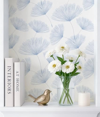 Safiyya Blue and White Peel and Stick Wallpaper Dandelion 17.3in x78.7in Contact Paper Peel and Stick Wall Paper Modern Boho Self Adhesive Removable Vinyl Wallpaper for Bedroom Bathroom - color: Blue/White, size: 17.3" x 78.7"