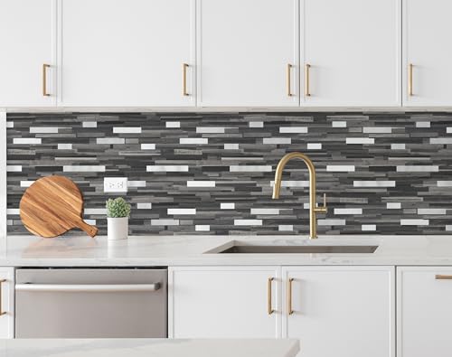 Yipscazo 5 Sheets Peel and Stick Stone Metal Tile Backsplash, Stick on Tiles for Backsplash Kitchen, Bathroom, Laundry Room, Camper, Fireplace (12'' X 12'', Black Wood Grain) - color: Black Wood Grain