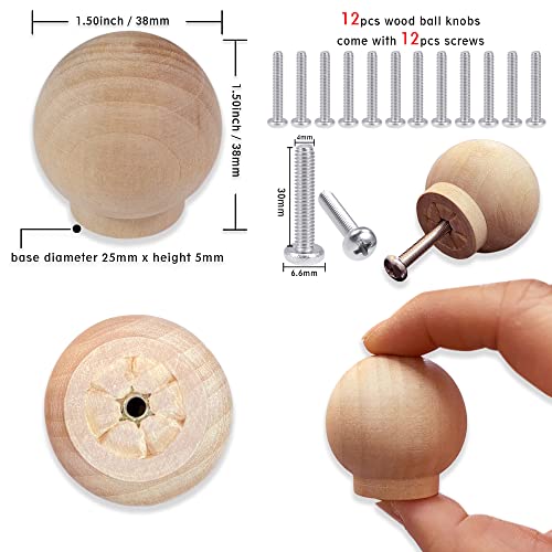 12PCS Wood Ball Knobs 1-1/2 inch Round Wood Drawer Knobs Cabinet Knobs Pull