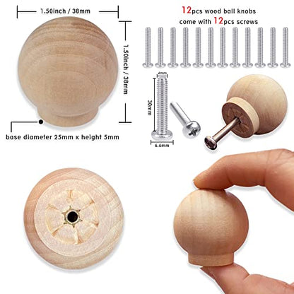 12PCS Wood Ball Knobs 1-1/2 inch Round Wood Drawer Knobs Cabinet Knobs Pull