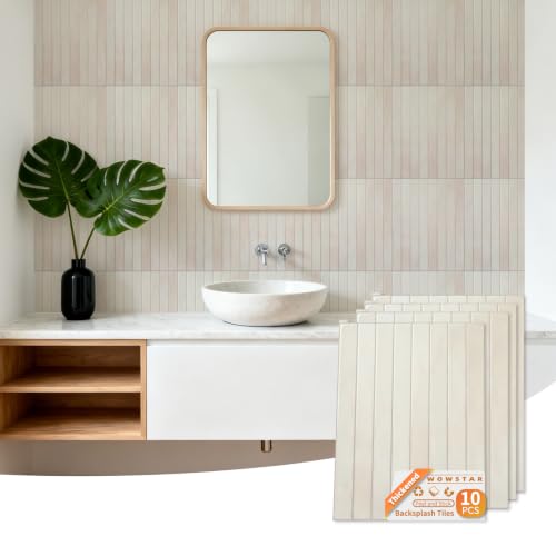 WOWSTAR 10-Sheet Thickened White Peel and Stick Backsplash for Kitchen, Back Splashes Stick on Tile, Waterproof Wall Tiles - color: Pinkish White