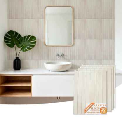 WOWSTAR 10-Sheet Thickened White Peel and Stick Backsplash for Kitchen, Back Splashes Stick on Tile, Waterproof Wall Tiles - color: Pinkish White