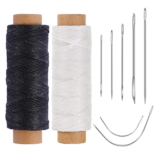110Yards Waxed Thread with 7 Pcs Leather Needles for Hand Sewing - color: Black+White