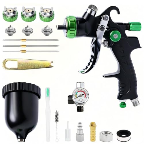 LVLP Spray Gun with 1.3/1.7/2.0 mm Nozzles and Air Pressure Gauge, Air Spray Gun Kit with Automotive Gravity-Fed Paint Gun Supply System, Suitable for Automotive Painting Spray (Plastic Cup)