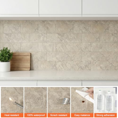 Peel and Stick Subway Tile Backsplash, 10 Sheets 11.8''x11.8'' Beige Stone-Look 3D Wall Tiles, Thick & Strong Adhesive, Heat Resistant & Waterproof Stick On Tiles for Kitchen, Bathroom - color: Beige Stone Rock