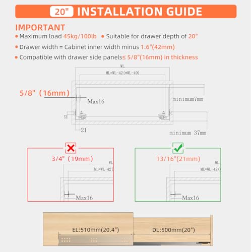 20 Inch Soft Close Undermount Drawer Slides for Frameless Cabinets - color: Soft Close Without Bracket, size: 20 Inch (500 mm)