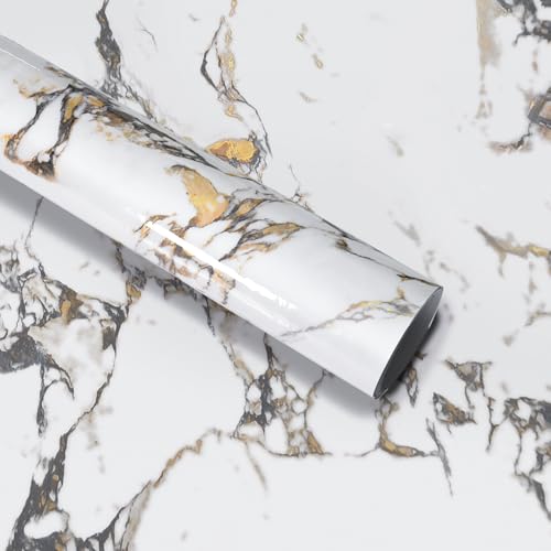 White Gold Marble Granite Contact Paper Kitchen Countertop peel and stick heat resistant wall paper 394x48inch widen Counter top Vinyl Wrap Waterproof Bathroom Wallpaper Carbon Rock Board wall sticker - color: White Gold, size: 48" x 394"