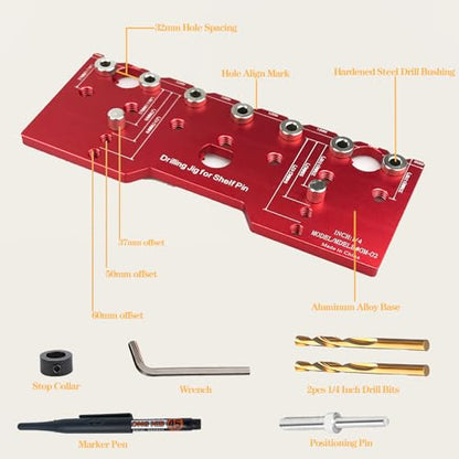 HALENBA Shelf Pin Jig 1/4" and 5mm,All-Metal Self-Contained Clamping Function Drill for Straight Holes,Hardware Jig,Shelf Pin Drilling Template, Woodworking Tools