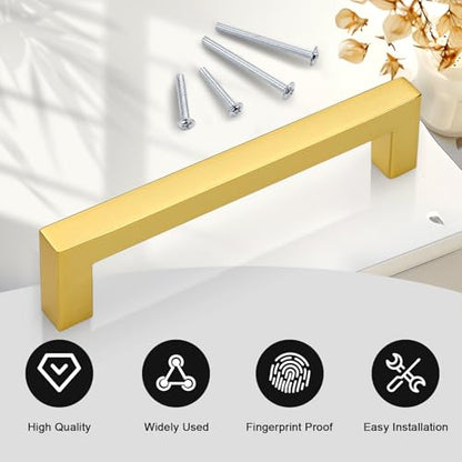 Probrico 5 Pack Gold Cabinet Pulls Square Kitchen Cabinet Hardware 5 Inch(128mm) Hole Center Modern Drawer Handles Brushed Brass Drawer Pulls for Cupboard - color: Gold, size: hole center 5"