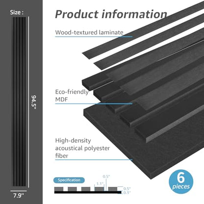 Art3d 6-Pack Soundproof Wood Slat Wall Panel, 94.5 x 7.9 in, Matte Black - color: Matte Black, size: 6Pcs - 94.5 * 7.9 inch