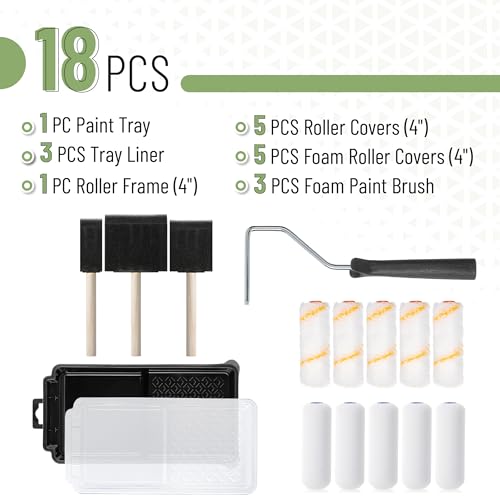 Bates- 4 Inch Paint Roller Set, 18 pcs, 1x Plastic Paint Tray, 3X Disposable Tray Liners, 1x Roller Frame, 5X Foam Covers, 5X Microfiber Covers, 3X Foam Brushes (1", 2", 3") - size: 2 x 0.1 x 1 inches