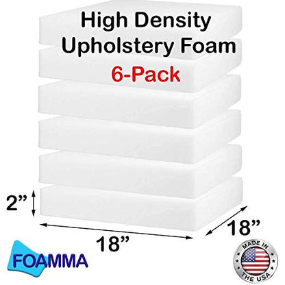 Foamma 6-Pack 2" x 18" x 18" High Density Upholstery Foam - Chair Cushion Square Foam for Dining Chairs, Wheelchair Seat Cushion Replacement - color: High Density Foam, size: (6-Pack) 2" x 18" x 18"